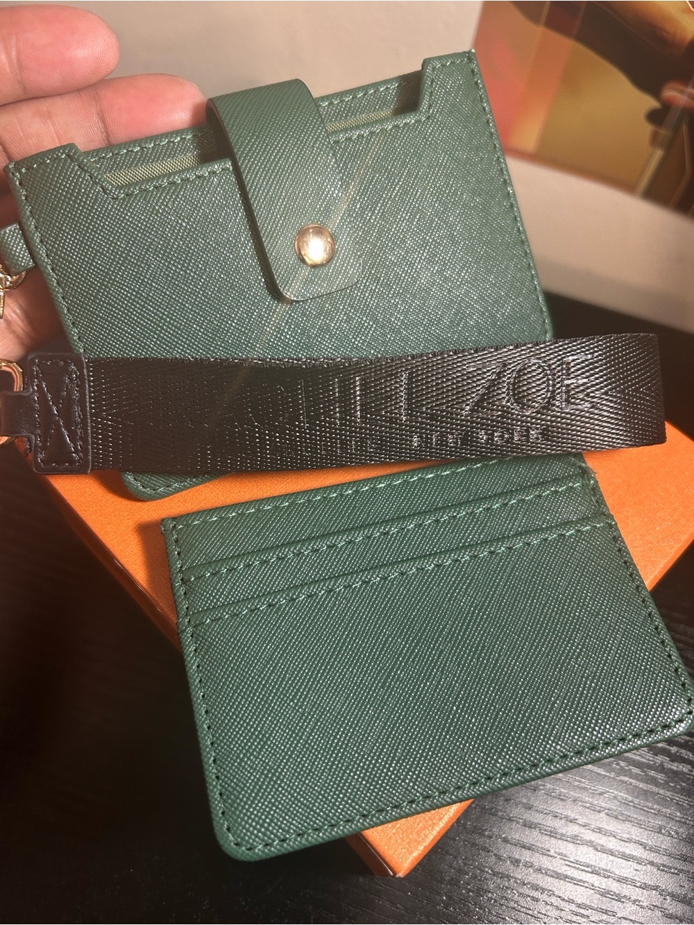 Rachel Zoe Dark Green Saffiano Leather Card Holder Set with Black Strap